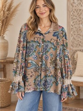 Boho Velour Paisley Ruffle-Sleeve Top (070567) ☮️ 🌼